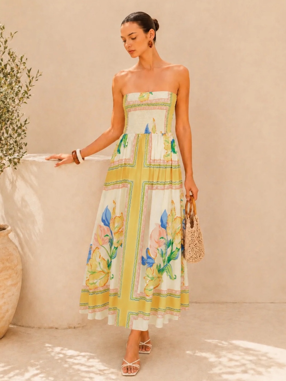 NWT Commense Smocked Bodice Strapless Floral Print Maxi Dress